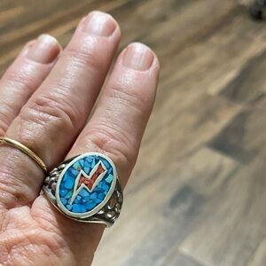 Turquoise and Silver Ring with Red Lightning Bolt